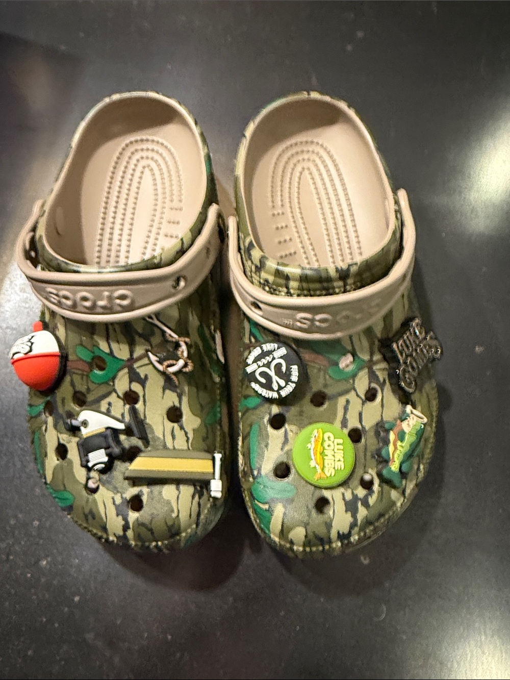 CROCS womens Camo Classic Clog with Beige Strap and Jibbitz